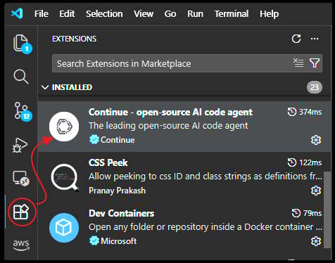 Install Continue.dev extension in VS Code