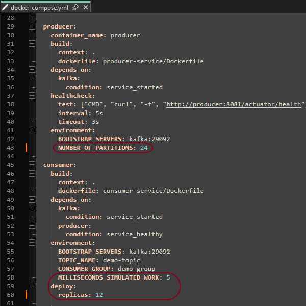 the configuration file showing how to change the number of partitions and consumers