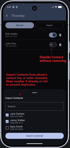 TENS contact editor showing a list of contacts with enable/disable toggles and options to add from phone contacts or enter numbers manually